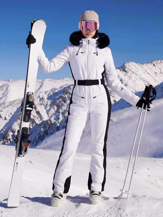 Women Belt One-piece Snow Jumpsuits Fur Collar Snowsuits