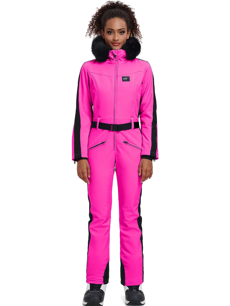 Fur Collar One-piece Ski Snow Jumpsuit Hooded Ski Outwear 