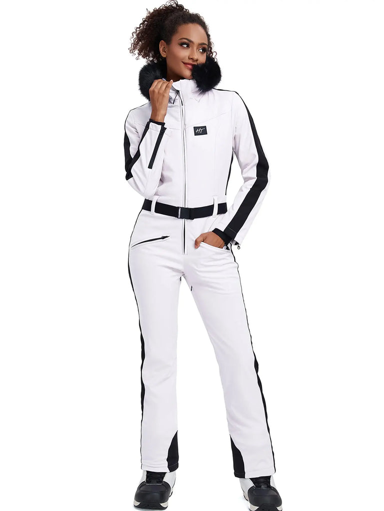 Fur Collar One-piece Ski Snow Jumpsuit Hooded Ski Outwear 