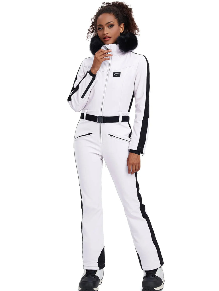 Fur Collar One-piece Ski Snow Jumpsuit Hooded Ski Outwear 
