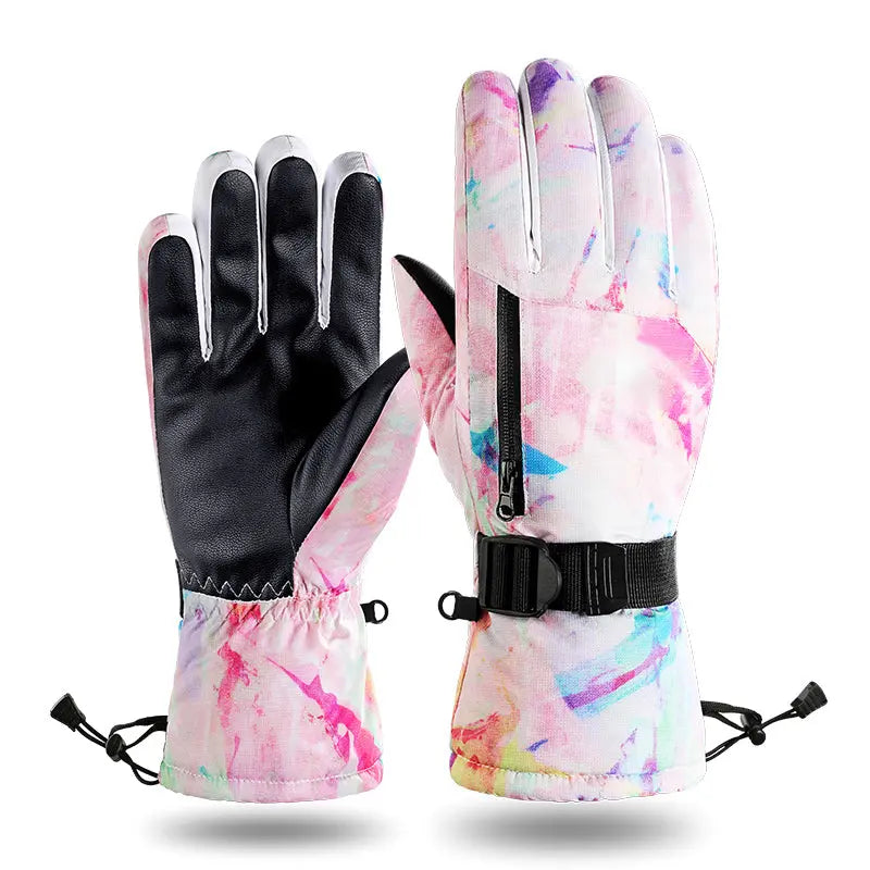HOTIAN 1pair Women  Tie Dye Drawstring Snowboard Ski Gloves HOTIAN