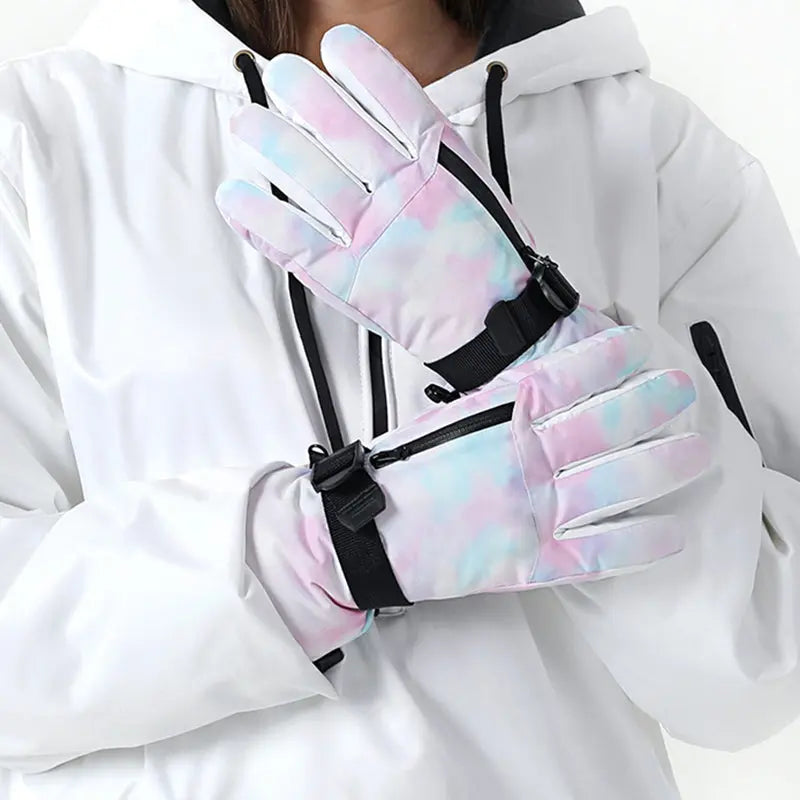 HOTIAN 1pair Women  Tie Dye Drawstring Snowboard Ski Gloves HOTIAN