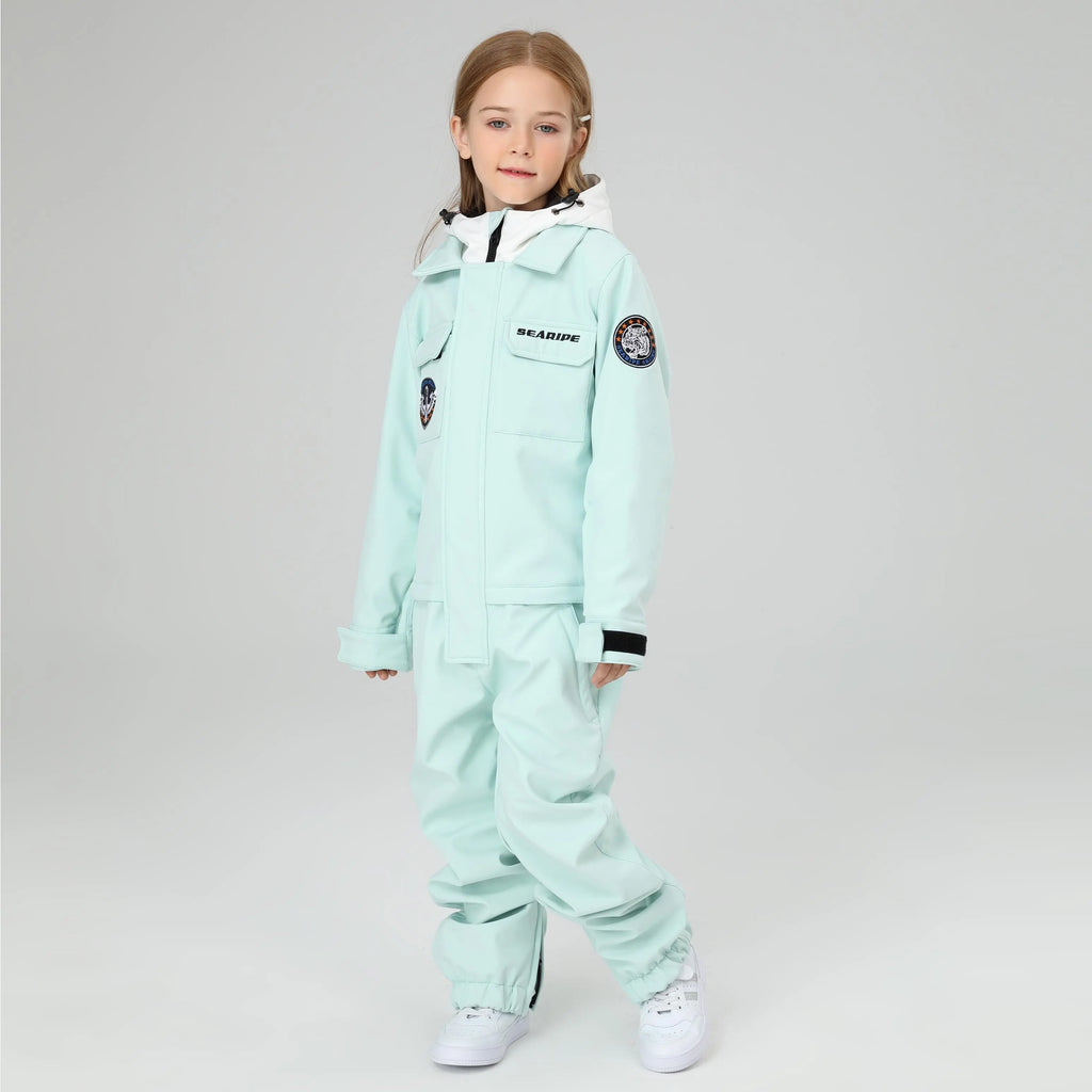 HOTIAN Girls Contrast Hooded Cargo One Piece Ski Jumpsuit With Side Zip HOTIAN