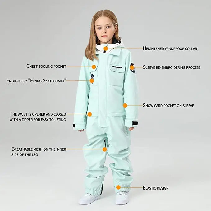 HOTIAN Girls Contrast Hooded Cargo One Piece Ski Jumpsuit With Side Zip HOTIAN