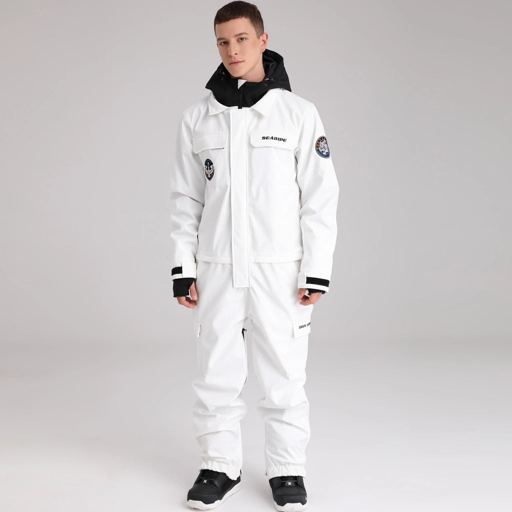 HOTIAN Men Contrast Hooded Cargo One Piece Ski Jumpsuit With Side Zip HOTIAN
