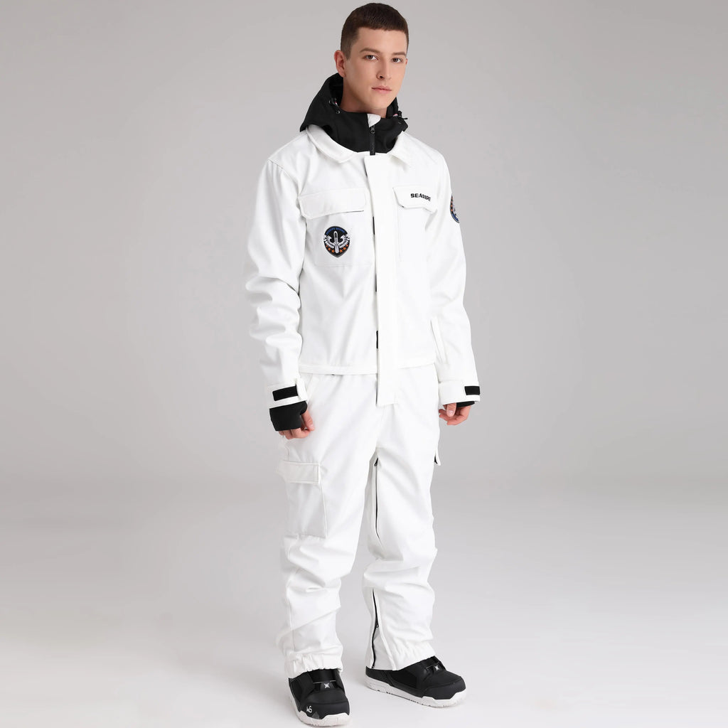 HOTIAN Men Contrast Hooded Cargo One Piece Ski Jumpsuit With Side Zip HOTIAN