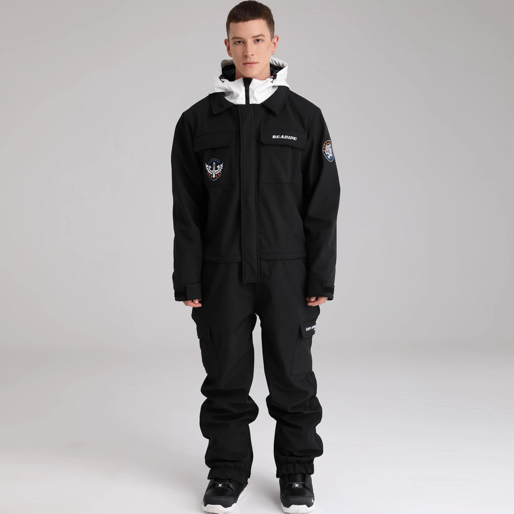 HOTIAN Men Contrast Hooded Cargo One Piece Ski Jumpsuit With Side Zip HOTIAN