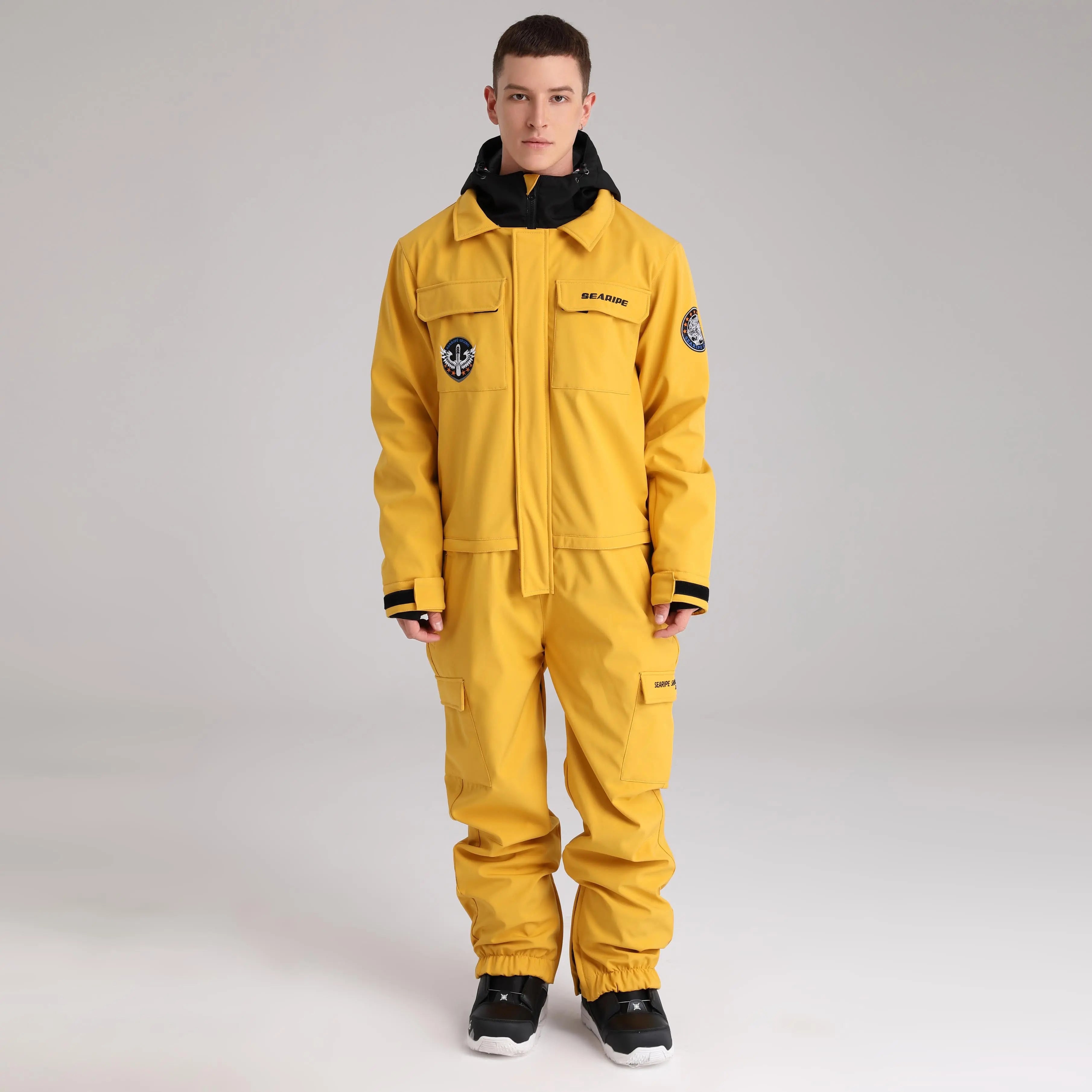 Men Cargo One Piece Ski Jumpsuit Contrast Hooded Ski outfits