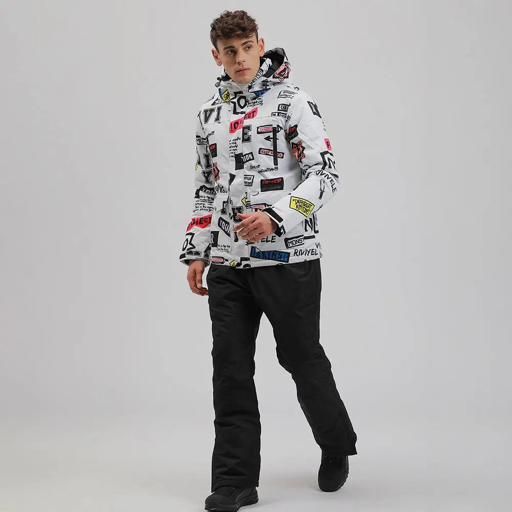 HOTIAN Men Graffiti Graphic Ski Jacket & Pants Set HOTIAN