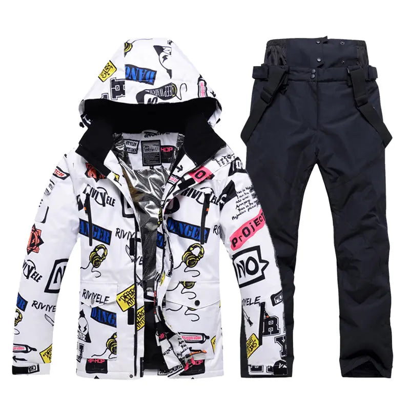 HOTIAN Men Graffiti Graphic Ski Jacket & Pants Set HOTIAN