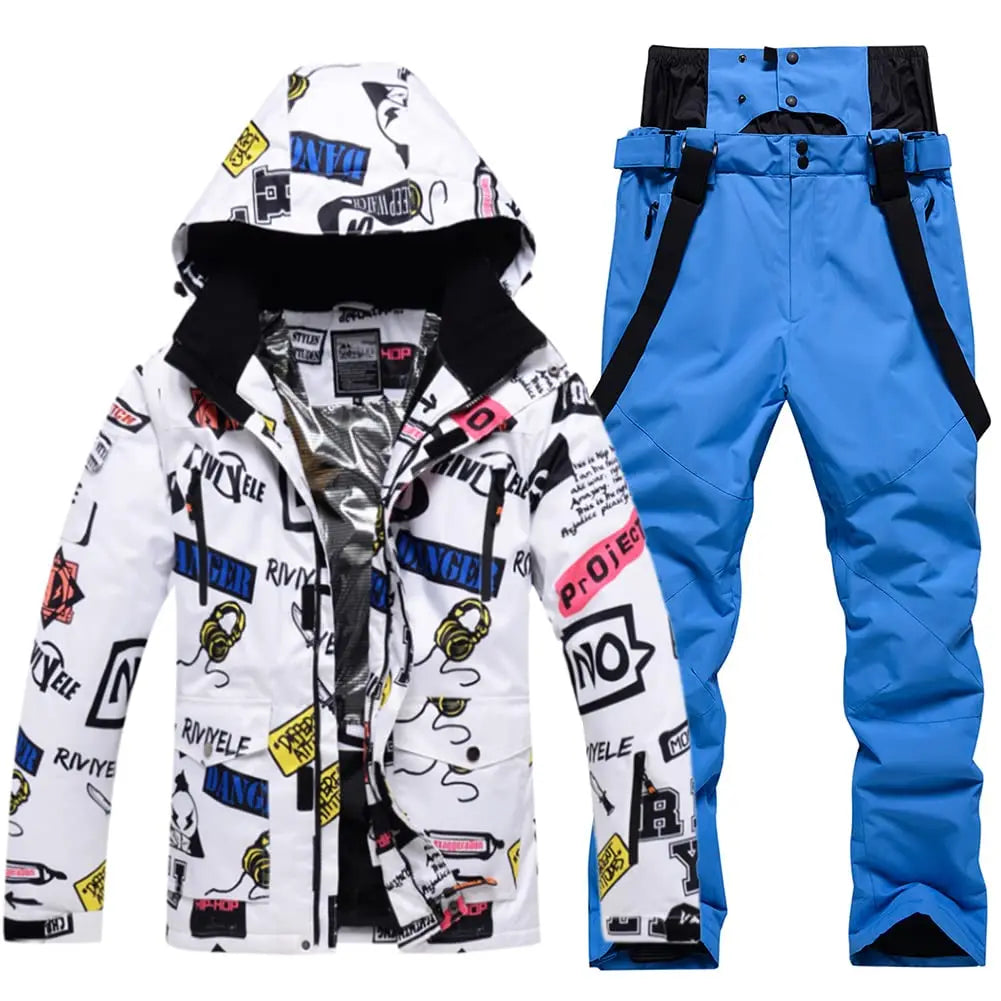 HOTIAN Men Graffiti Graphic Ski Jacket & Pants Set HOTIAN