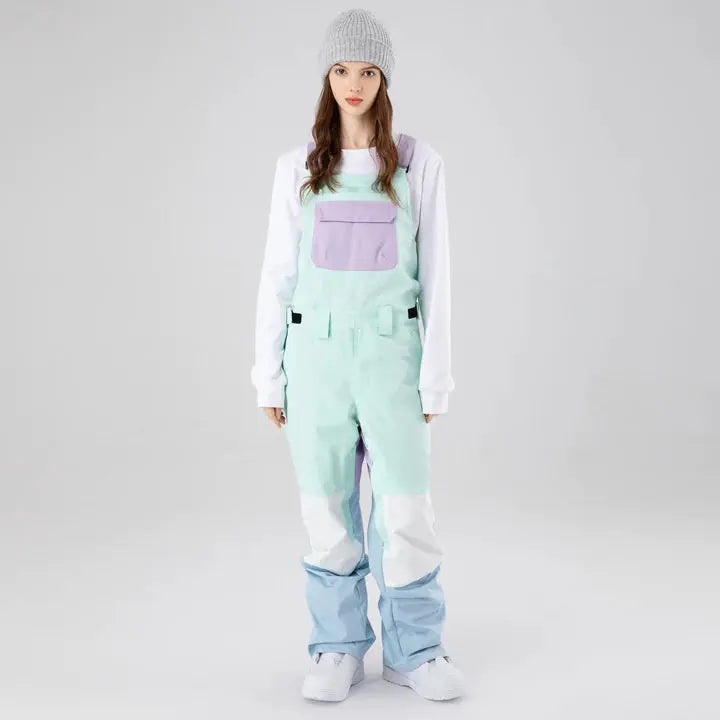 HOTIAN Women Color Block Ski Overall Bib Pants With Adjustable Strap HOTIAN