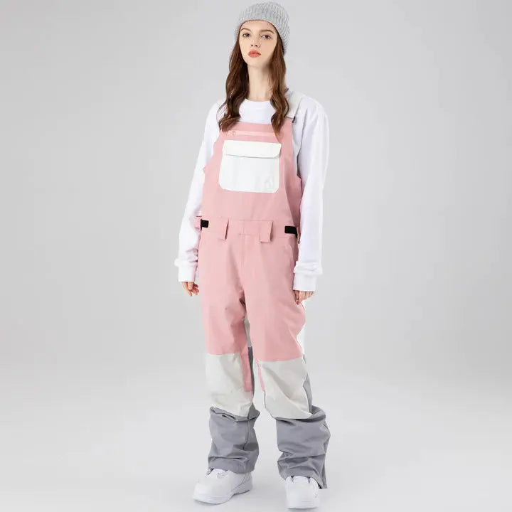 HOTIAN Women Color Block Ski Overall Bib Pants With Adjustable Strap HOTIAN