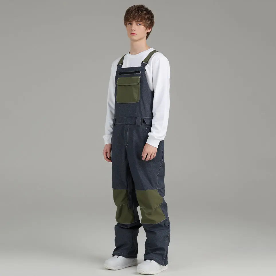 Hotian Men Colorblock Ski Snow Bibs Pants Windproof 