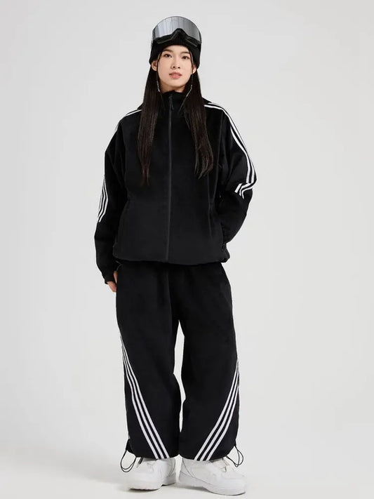 Women Black Velvet Ski Suit Set Baggy Style Snow Wear