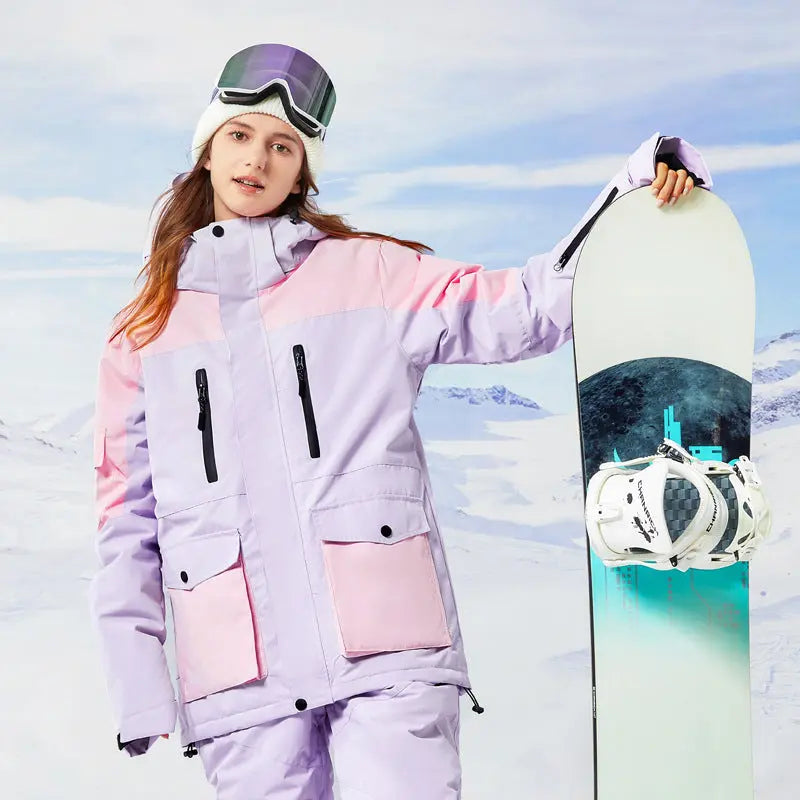 Women Hooded Snowboard Jacket Cargo Pockets Ski Coat 