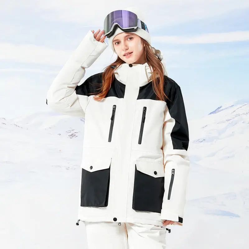 Women Hooded Snowboard Jacket Cargo Pockets Ski Coat 