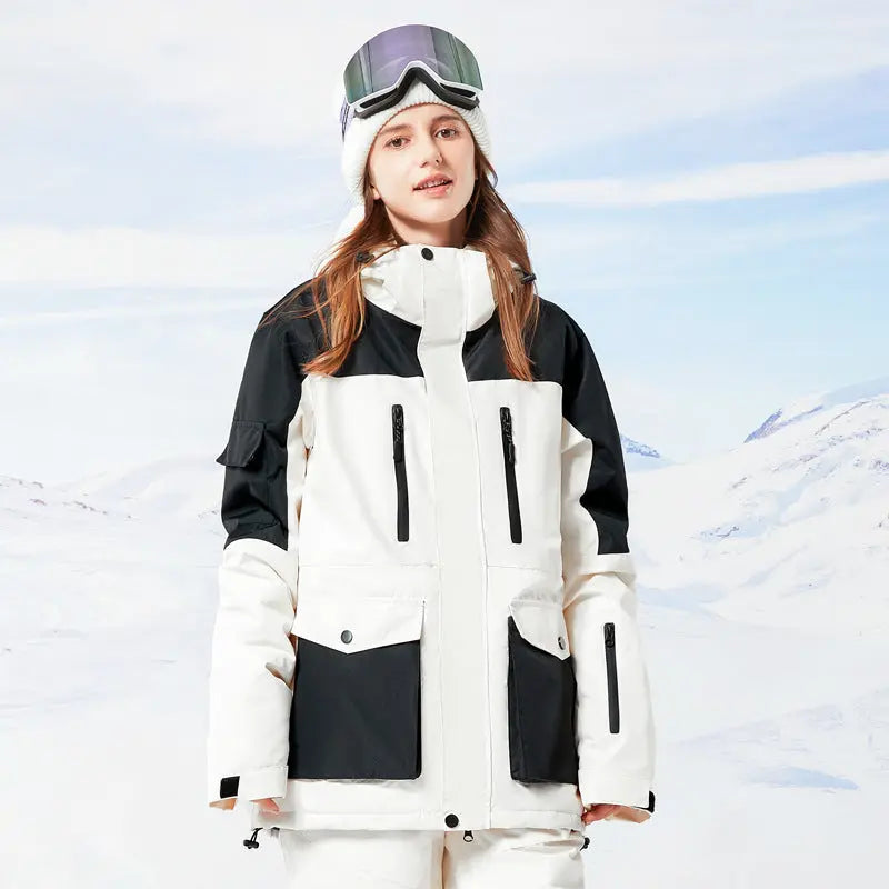 Women Hooded Snowboard Jacket Cargo Pockets Ski Coat 