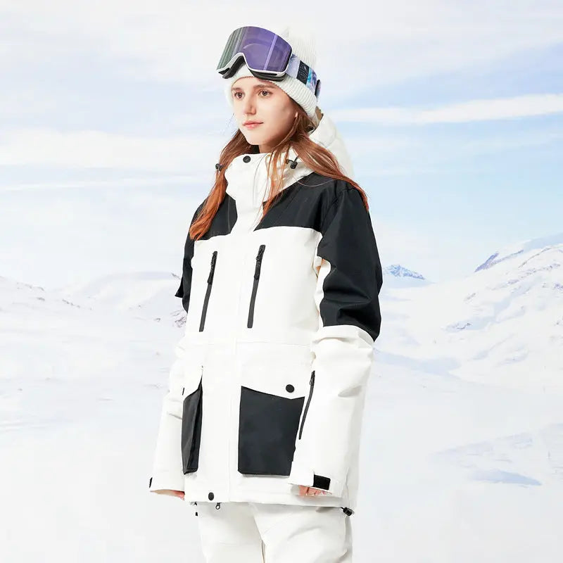 Women Hooded Snowboard Jacket Cargo Pockets Ski Coat 