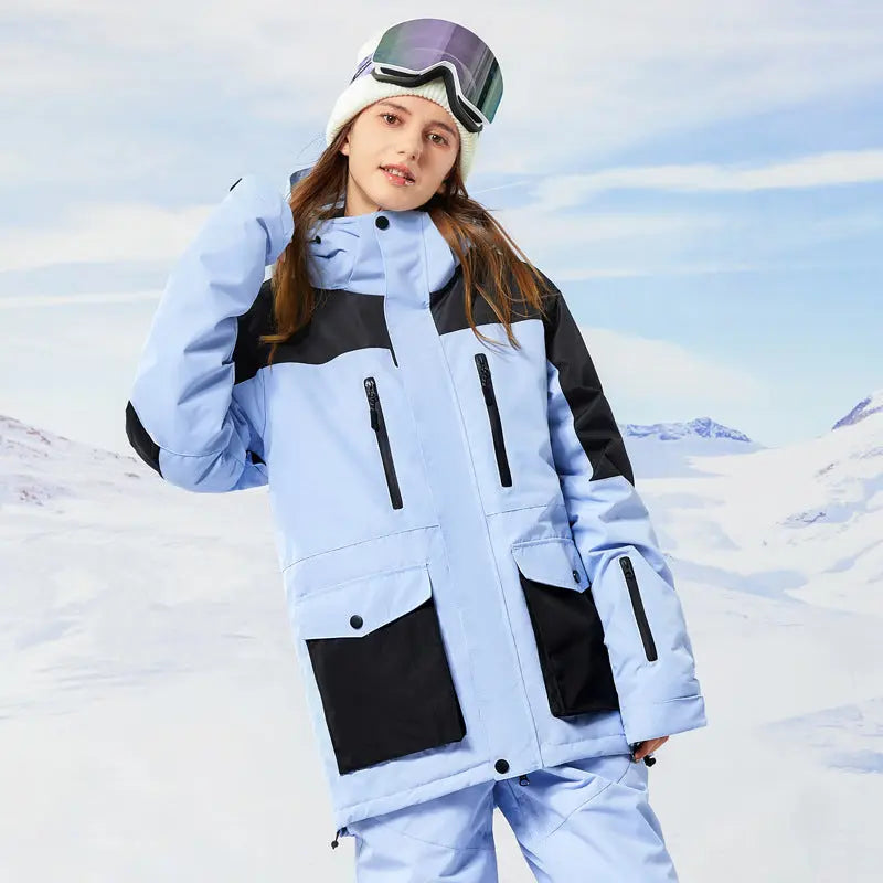 Women Hooded Snowboard Jacket Cargo Pockets Ski Coat 