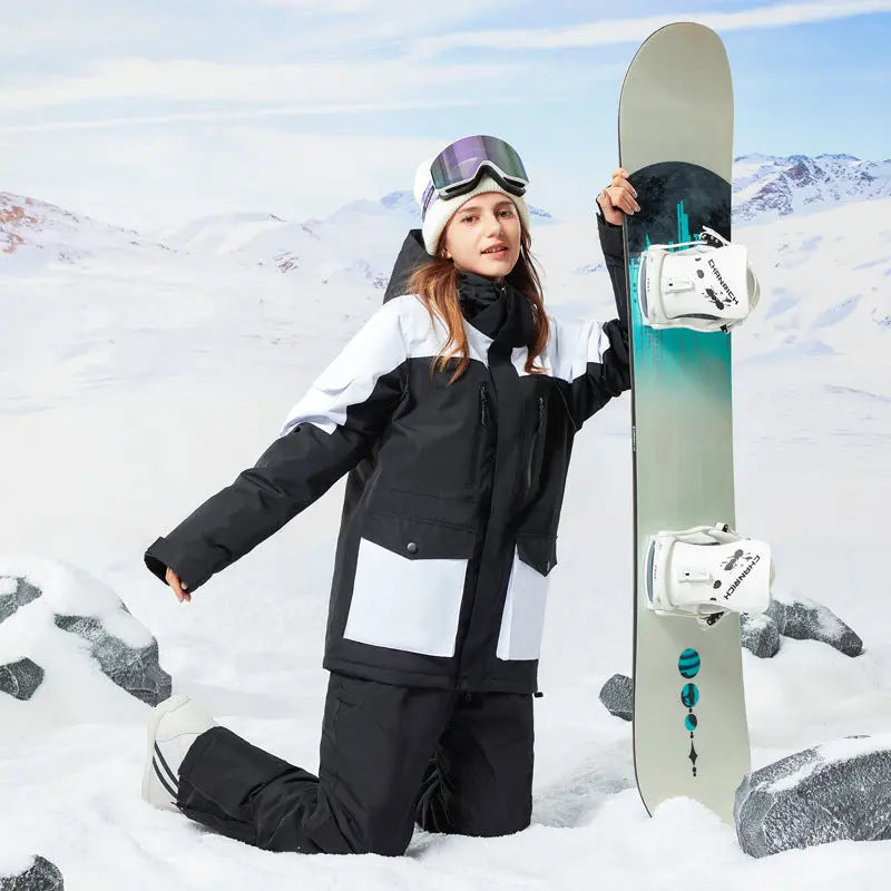 Women Hooded Snowboard Jacket Cargo Pockets Ski Coat 