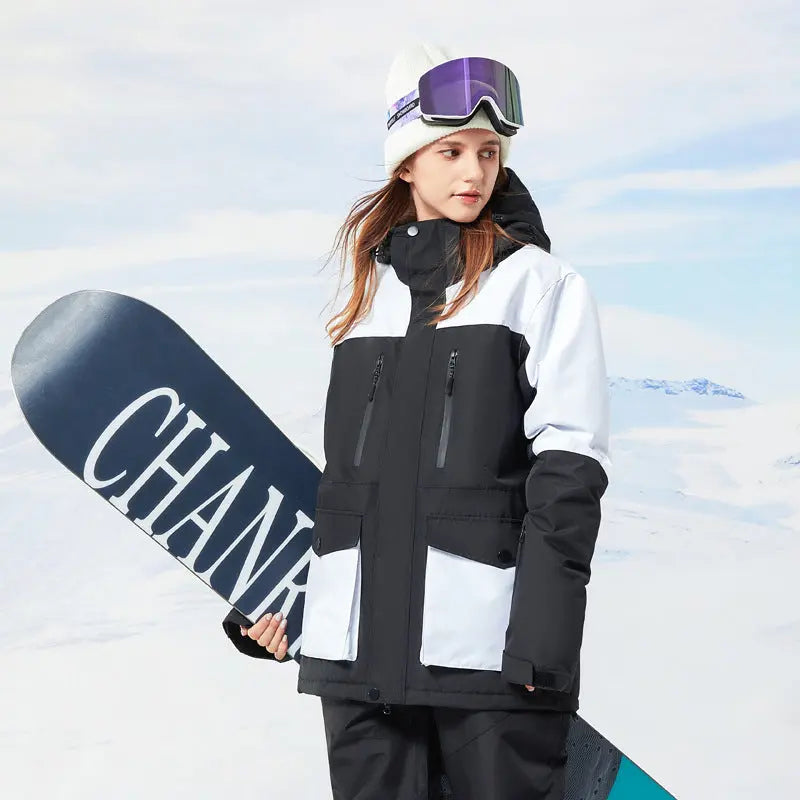 Women Hooded Snowboard Jacket Cargo Pockets Ski Coat 