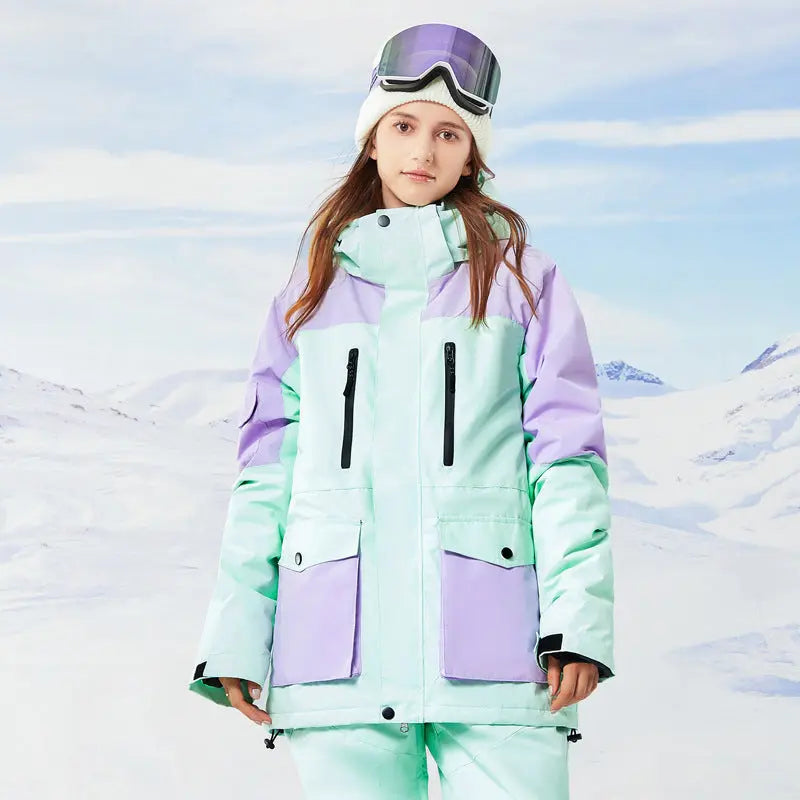 Women Hooded Snowboard Jacket Cargo Pockets Ski Coat 