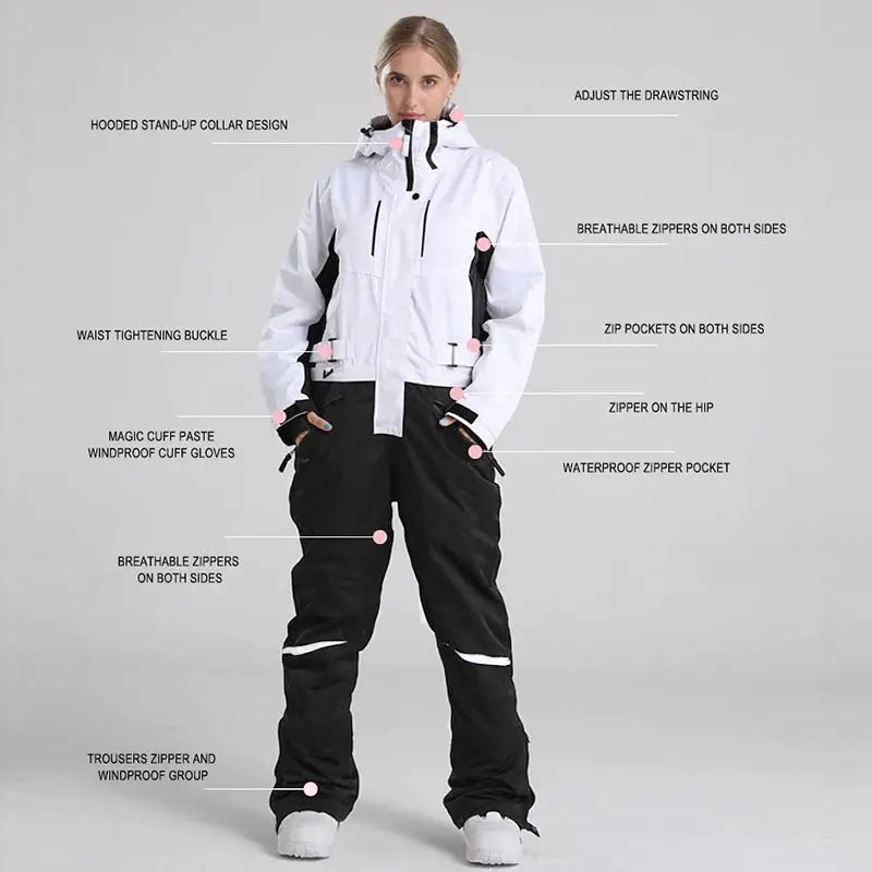 Women One Piece Ski Suits High Neck Hooded With Adjustable Belt HOTIAN