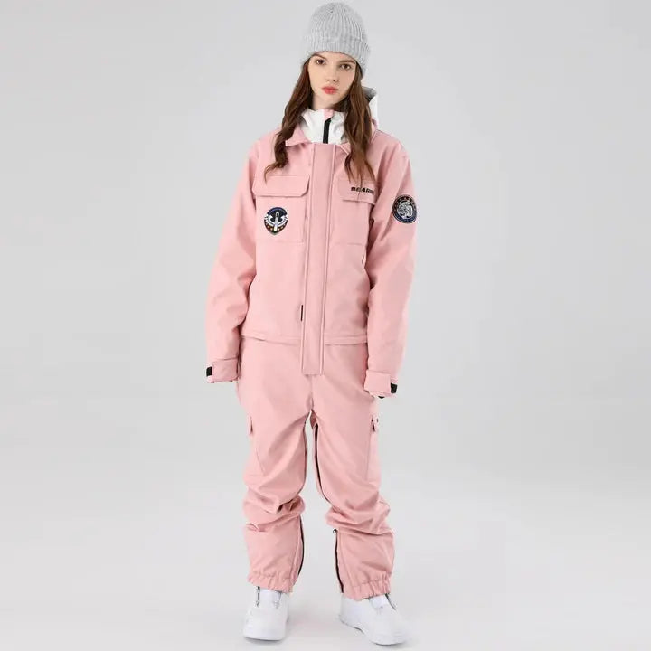 Women One Piece Ski Suits Hooded Cargo Ski Jumpsuits HOTIAN