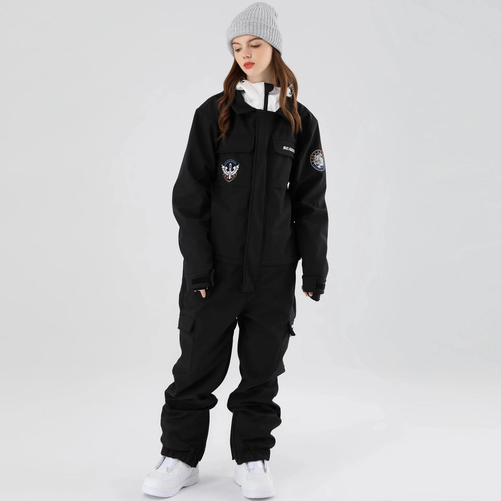 Women One Piece Ski Suits Hooded Cargo Ski Jumpsuits HOTIAN