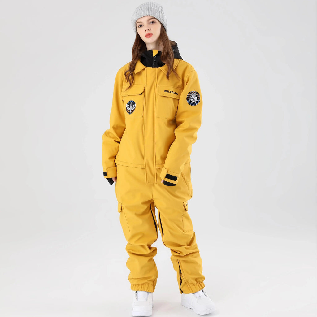 Women One Piece Ski Suits Hooded Cargo Ski Jumpsuits HOTIAN