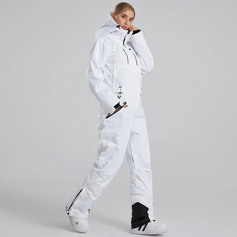 Women's One Piece Ski Suits With Adjustable Belt White HOTIAN