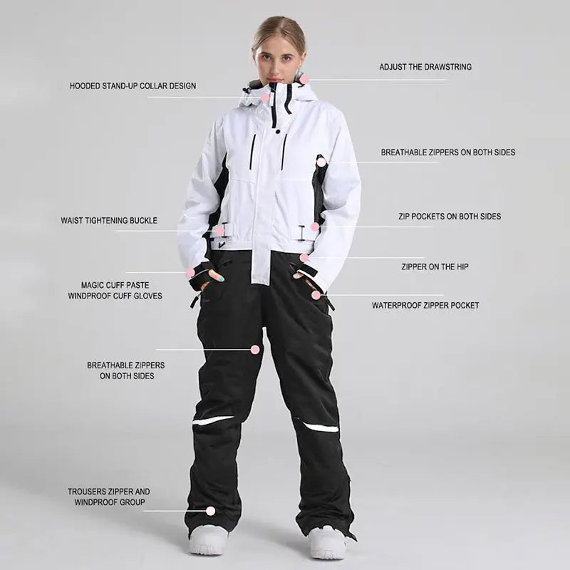 Women's One Piece Ski Suits With Adjustable Belt White HOTIAN