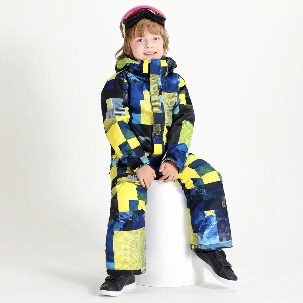 HOTIAN Kids One Piece Ski Suit Geometry Pattern HOTIAN