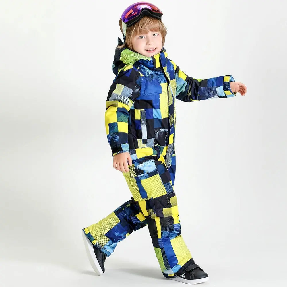 HOTIAN Kids One Piece Ski Suit Geometry Pattern HOTIAN