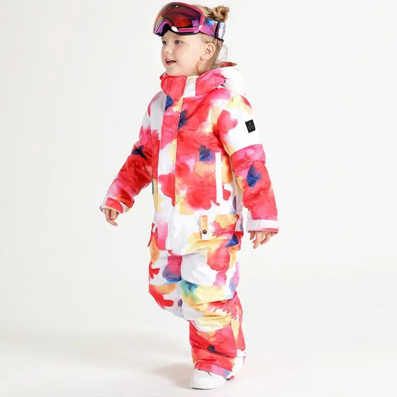 Kids Flower Printed One Piece Ski Suit HOTIAN