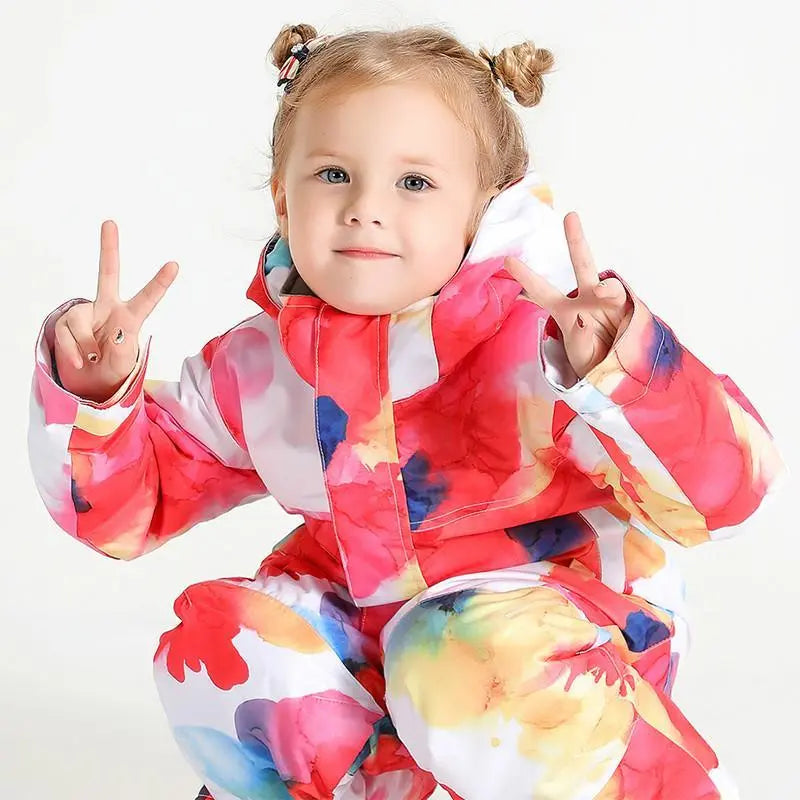 Kids Flower Printed One Piece Ski Suit HOTIAN